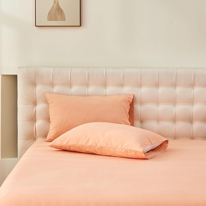 Simple&Opulence Belgian Linen Sheet Set Solid Color - 4 Pieces (1 Flat Sheet & 1 Fitted Sheet & 2 Pillowcases) Natural Flax Cotton Blend Soft Bedding Breathable Farmhouse - Peach, Full Size