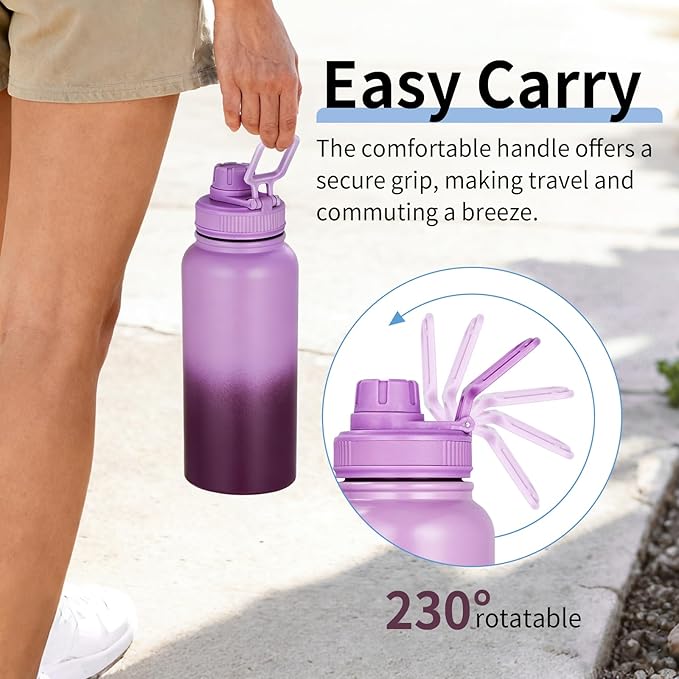 Motivational Water Bottle 32oz with Time Marker- Leakproof & BPA Free Sports Water Bottle with Straw & Carry Strap for Gym, Travel and Outdoor Sports (Stainless steel insulation-Purple)