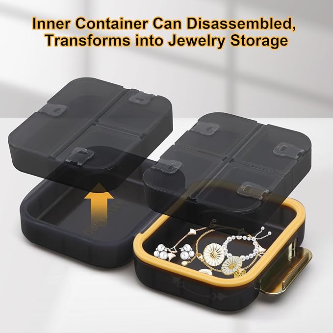 Toplive 7 Compartments Portable Pill Organizer Travel Medicine Pill Organizer, Moisture Proof Small Pill Case Pocket Pill Holder Daily Pill Container Box for Fish Oil Vitamins, Black