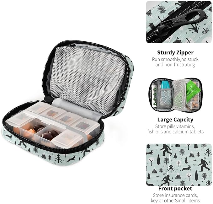 Bigfoot Jackalope Pill Box 7 Day Pill Case Travel Pill Organizer Bag Container for Medicine with Zipper Portable Weekly Case Compact Size for Medicine, Vitamin, Supplement