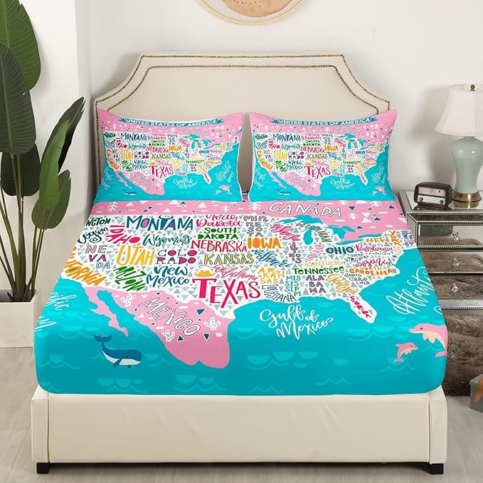 Blue Pink USA Map Fitted Sheet Queen, Geography Bed Sheet Set for Kids Boys Girls Teens Educational Map Bedding Set - Learning Educational Bed Cover