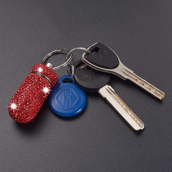 XhuangTech Waterproof Keychain Pill Box Bling Round Medicine Organizer Holder Container Aluminum Portable Mini Bottle Storage Case for Outdoor Travel Camping Purse Pocket (Red)