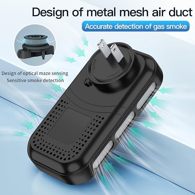 5IN1 Plug in Smoke & Carbon Monoxide Detector & Combustible Natural Gas Combination Builti-in Backup Battery HD Screen [Smoke CO Gas Temp Humidity Sensor] for Home Hotel RV (1-Pcs, Black)