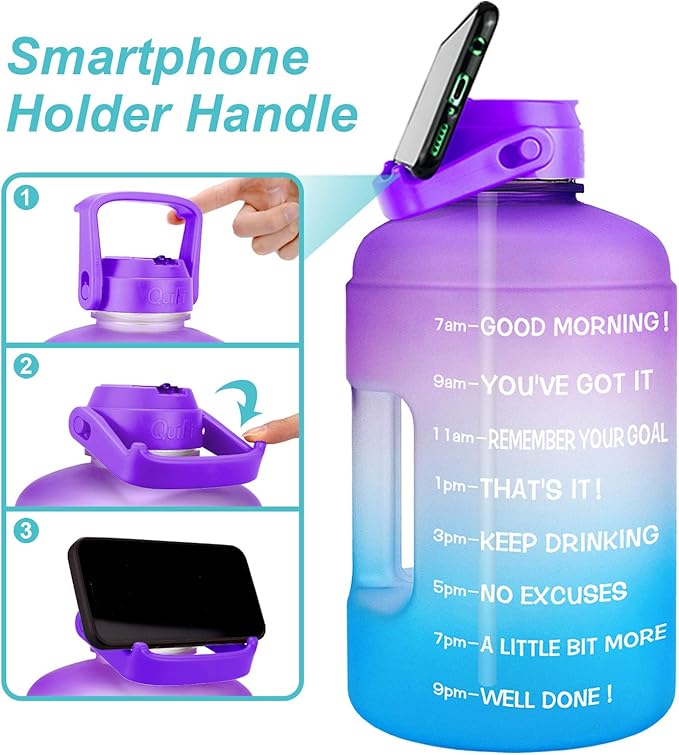 QuiFit 1 Gallon Water Bottle - with Straw & Motivational Time Marker Leak-Proof BPA Free Reusable Gym Sports Outdoor Large(128OZ/73OZ) Capacity Water Jug