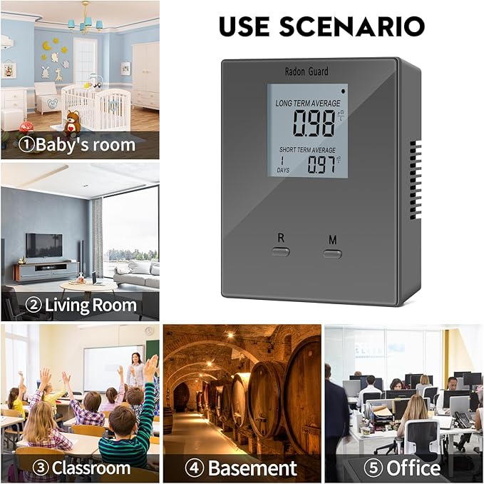 Home Radon Detector, Portable Radon Meter, Long and Short Term Home Radon Monitor, Battery-Powered, Prevent Excessive Radon Levels, Keep Your Health, Gray, Grey, BG-005