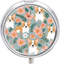 Corgi Floral Flowers Spring Garden Pill Box Travel Pill Case for Purse Pocket Weekly Medicine Organizer with Mirror 3 Compartment Round Medicine Case Portable PillcaseHolder for Daily