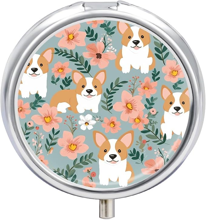 Corgi Floral Flowers Spring Garden Pill Box Travel Pill Case for Purse Pocket Weekly Medicine Organizer with Mirror 3 Compartment Round Medicine Case Portable PillcaseHolder for Daily