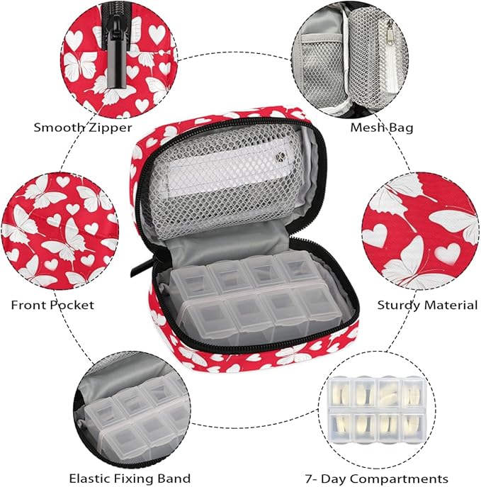 Heart Butterfly Red Pill Case Everyday Travel, 7 Day Weekly Medicine Pill Box Compact Portable Pills Bottle Organizer with Zipper for Daily Vitamin Medicine Holder Bottle Organizers Bag