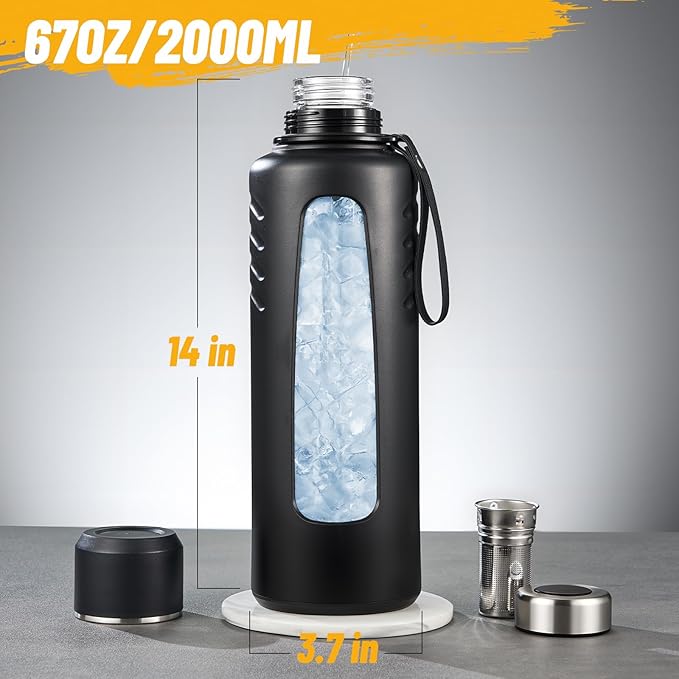 67oz Half Gallon Water Bottle,Anti-Scalding and Anti-Slip Big Water Bottle,Tea and Water Separation Independent Compartment,Water Jug for Men,Suitable for Gym, Climbing, Camping