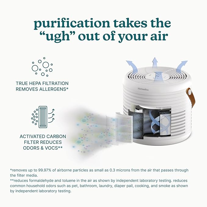 Homedics Air Purifier True HEPA Filter for Medium Rooms up to 447 Sq Ft Removes 99.97% Allergens, Odors & VOCs, Aromatherapy, 3 Fan Speeds, for Bedrooms, Living Rooms & Offices, Quiet Operation