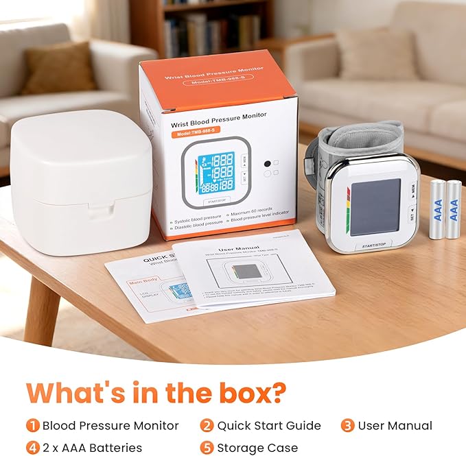 Blood Pressure Monitor Adjustable Wrist Cuff LCD Backlit Display BP Machine for Home Use Stores Up to 60 Readings Batteries Included with Carrying Case, White