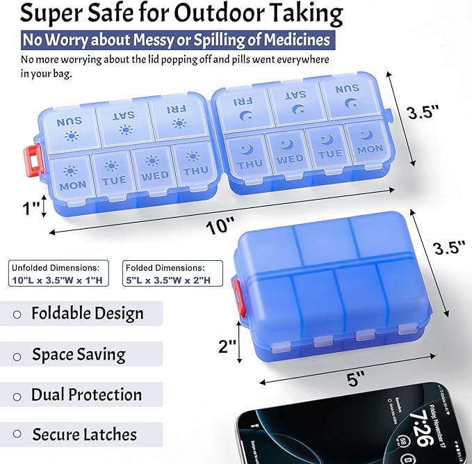 New Foldable & Double Protection Portable Weekly Pill Organizer 2 Times A Day with Etched Labels, AM PM 7 Day Week Medicine Box, Daily Travel Pill Case Dispenser for Vitamin, Supplement - Clear Blue