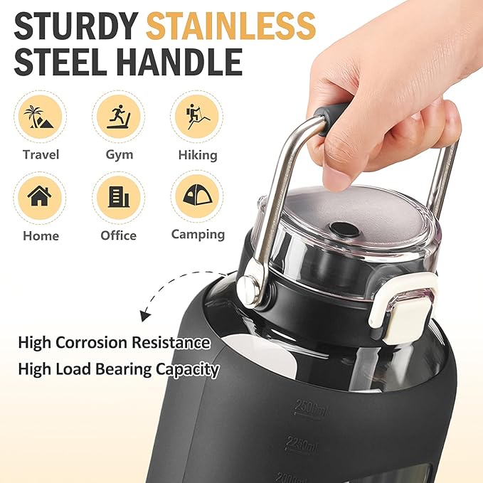 84oz Glass Water Bottle with Stainless Steel Handle,2.5L Gallon Water Bottle with 2-IN-1 Straw Lid, Silicone Sleeve and Motivational Capacity Marker, Wide Mouth Water Jug For Gym, Workout, Black