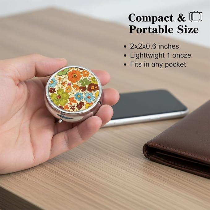 Round Pill Case Small Pill Box with Mirror Pocket 3 Compartment Vitamin Pill Medicine Case Organizer Pill Containers for Traveling Vintage Flower Two