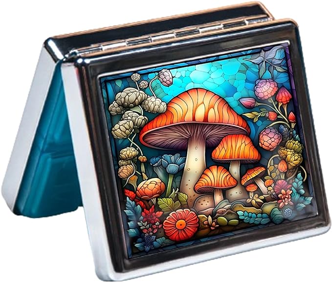 Silver Vintage Pill Box 7 Day Metal Pill Box with Mirror and 8 Compartments Cute Travel Pill Organizer for Purse (Mushroom Stained Glass)
