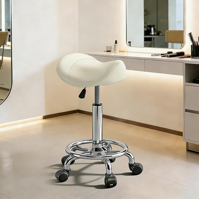 Saddle Stool with Wheels, Adjustable Rolling Stool Chair with Back Support, Ergonomic PU Leather Saddle Chair for Salon, Massage, Tattoo, Medical, Spa, Office (White, 1PCS)