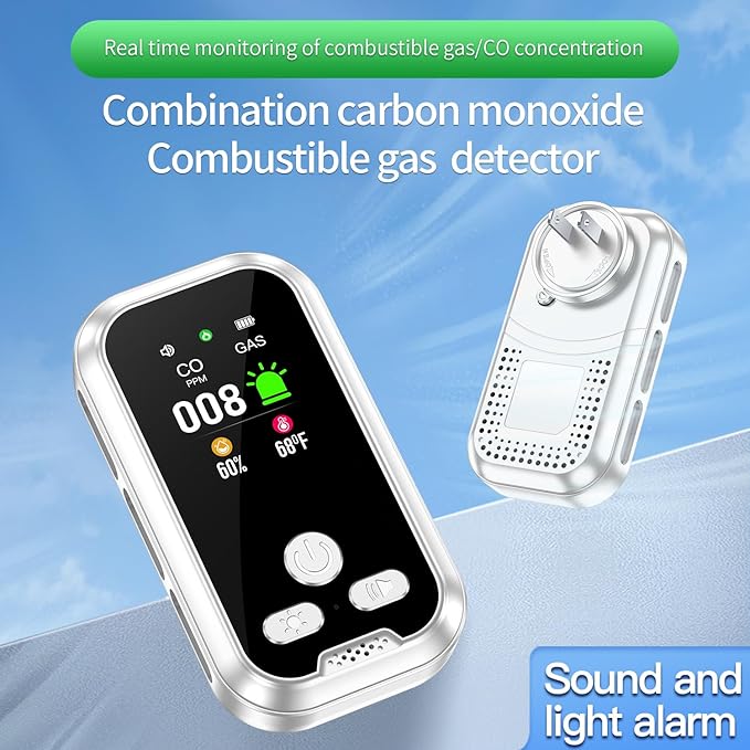 4IN1 Plug in Natural Gas & Carbon Monoxide Detectors Combination Builti-in 2000 mAh Backup Battery HD Screen [Propane Methane Gas CO Temp Humidity Sensor] Alarm for Home Hotel RV (White)