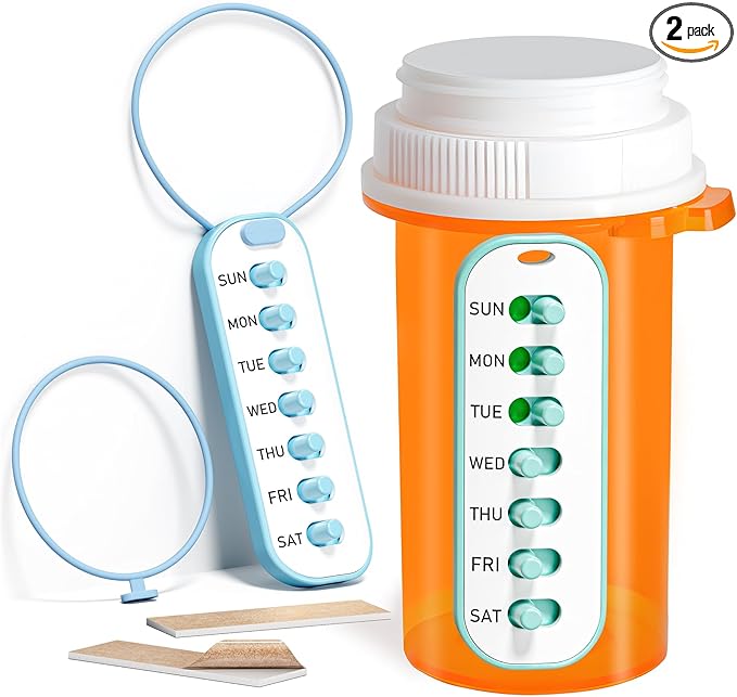 Odaro 2 Pack Pill Reminder, Lanyad or Sticker Pill Tracker, Work with Most Bottles, Reusable Medication Tracker Replacement of Vitamin Weekly (7 Day) Medicine Organizer