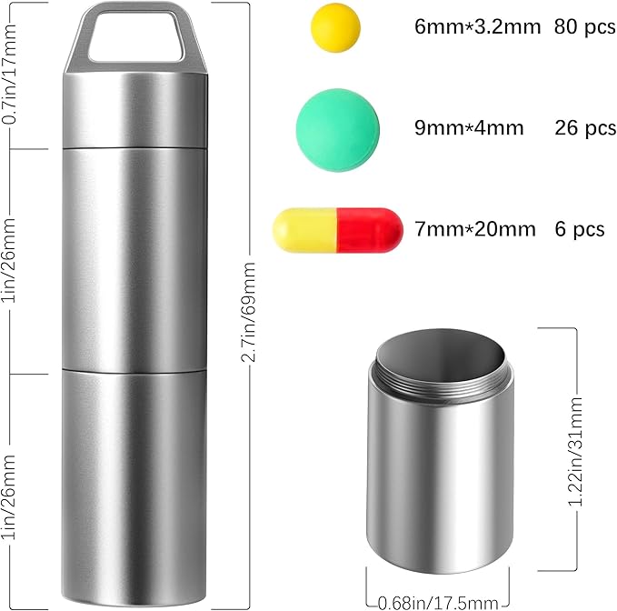 Small Pill Case (2 Compartments Design), Portable Metal Pill Holder Keychain Waterproof Pill Box Container Mini Stainless Steel Pill Organizer for Travel Purse Pocket