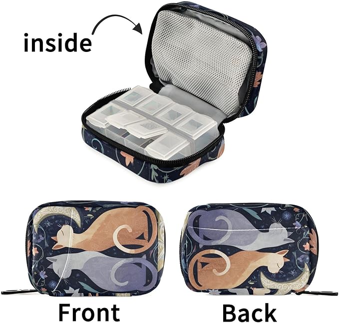 Pill Organizer Box Case Container Weekly Travel Daily 7 Day Pill Dispenser Sorter Vitamin Holder Medication Medicine Organizer Pill Case for Purse Small Compact Portable Cute Cat