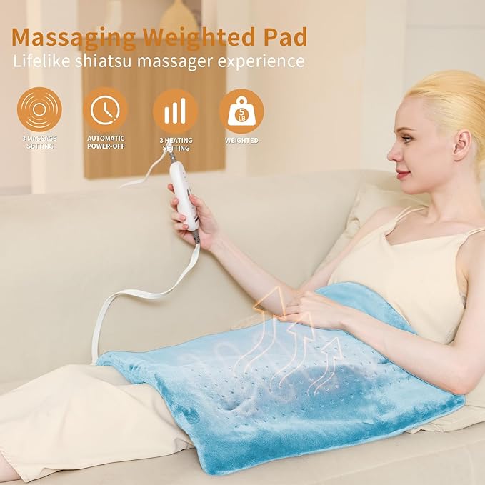 SAROO Heating Pad for Back Pain Relief,Massaging Weighted Heating Pads for Neck, Shoulder,Cramp,Portable Heated Pad with 3 Heat Settings & 6 Massage,18 Relaxing Combinations,Auto Off,12"*24",Sky Blue