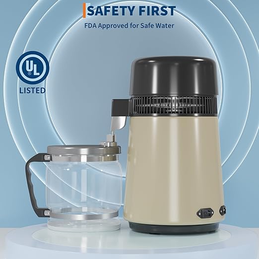 4L Countertop Stainless Steel Distilled Water Purifier, Distilled Water Making Machine with Glass Container, Ideal for Household, Workplace, Lab, and Aquarium Usage-Golden