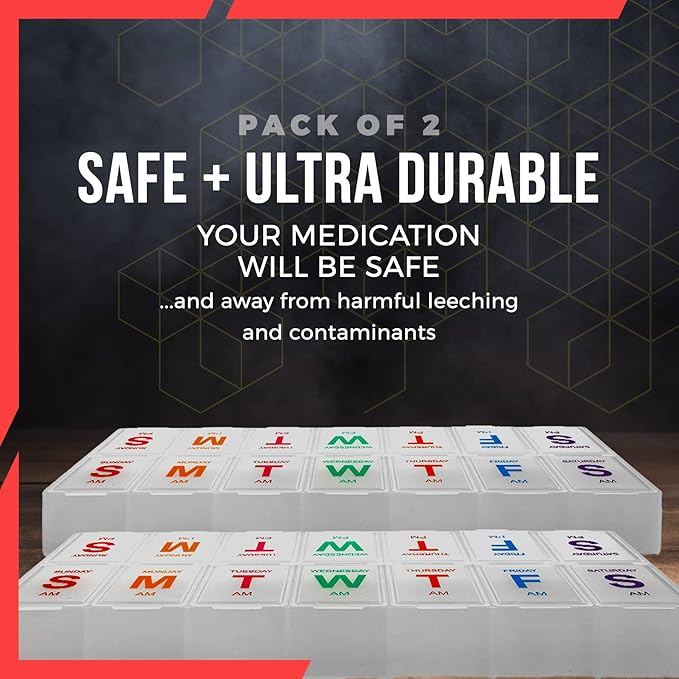 Large Weekly Pill Organizer - 2 Pack AM PM Pill Box - XL 7 Day Pill Organizer for Medication, Pills, Supplements with Braille, Bright, Easy to Read