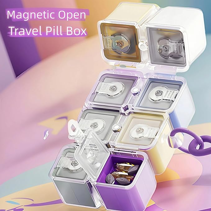 Weekly Pill Organizer, Travel 7 Day Pill Box Case with Magnetic Design, Easy Open Pill Container for 8 Compartments Portable Pill Case Medicine Holder for Vitamins Medication (Purple)