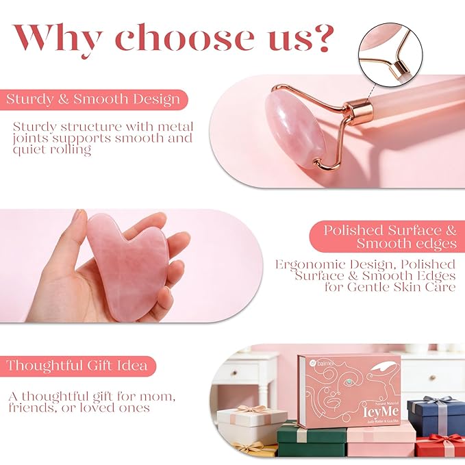 BAIMEI IcyMe Jade Roller & Gua Sha, Face Roller Redness Reducing Skin Care Tools, Self Care for Men Women, Massager for Face, Eyes, Neck, Relieve Fine Lines and Wrinkles - Rose Quartz
