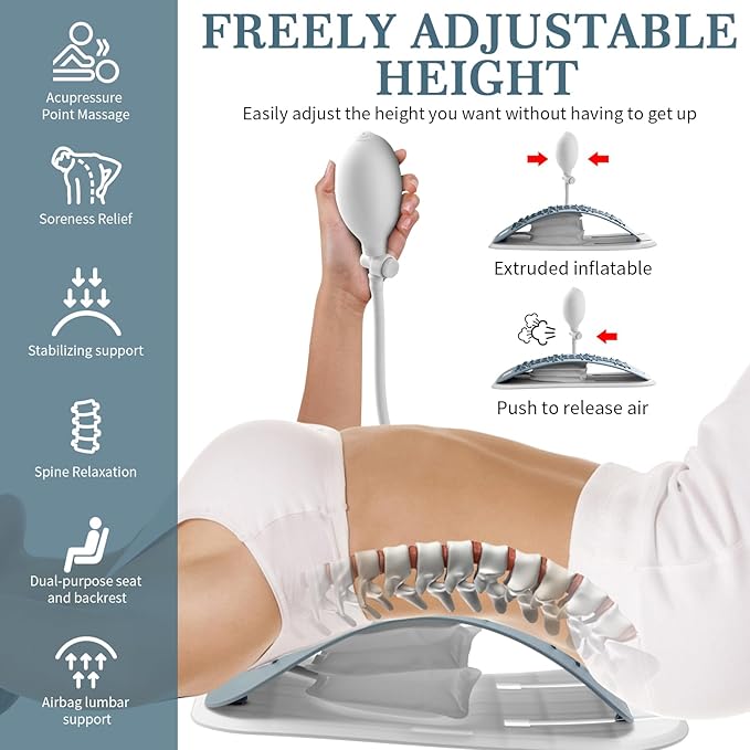 Back Stretcher for Lower Back Pain Relief, Inflatable Regulated Lumbar Support Board, Ergonomic Back Cracker with Acupressure Points, Back Massager for Spinal Decompression and Scoliosis