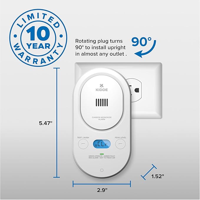 Kidde Carbon Monoxide Detector, Plug-in with AA Battery Backup, Easy-to-Read Digital Backlit Display, 85 dB Alarm, Rotating Plug, LED Status Light Indicators, 5th Edition, COPD