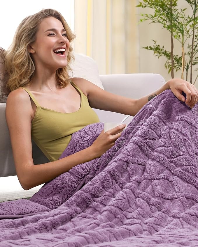 Cottonblue Jacquard Weighted Blanket 15lbs for Adults Twin Full Size, Soft Fuzzy Sherpa Fleece Weighted Throw Blankets 48x72 in for Relax and Sleep, Cozy Heavy Bed Blankets with Glass Beads, Purple