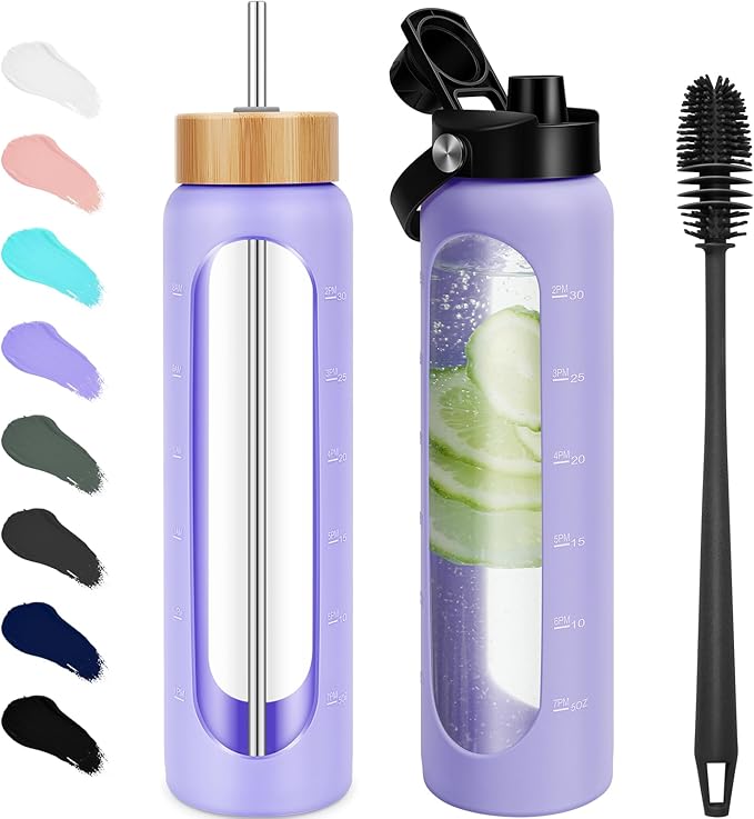 32 oz Glass Water Bottles - 1 Liter Motivational Tumbler Water Bottle Time Marker - Borosilicate Glass Water Bottle With Silicone Sleeve and 2 Lids, Handle Spout & Bamboo Straw Lid