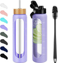32 oz Glass Water Bottles - 1 Liter Motivational Tumbler Water Bottle Time Marker - Borosilicate Glass Water Bottle With Silicone Sleeve and 2 Lids, Handle Spout & Bamboo Straw Lid