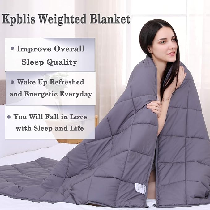 KPBLIS Weighted Blanket 15 lbs 48" x 72" for 130-170 lbs, 7 Layers Heavy Blanket with Cooling Breathable Cotton and Glass Beads, Dark Gray