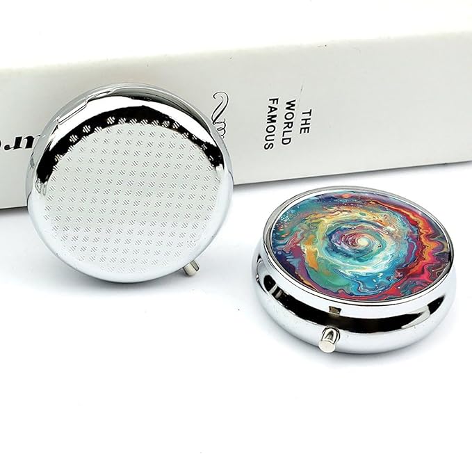 Colorful Abstract Swirls Pill Box Travel Pill Case for Purse Pocket Weekly Medicine Organizer with Mirror 3 Compartment Round Medicine Case Portable PillcaseHolder for Daily