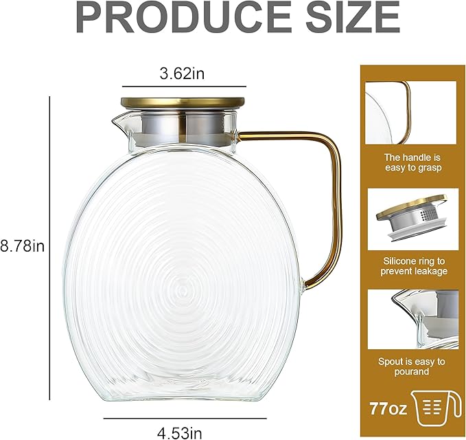 Upgraded Thickened Version 77oz Large Glass Water Pitcher with Gold Lid for Fridge Wide Handle Coffee Carafe for Party Water Jug Lemonade Iced Tea Jug Juice Sun Tea Jar for Drinks(Clear)