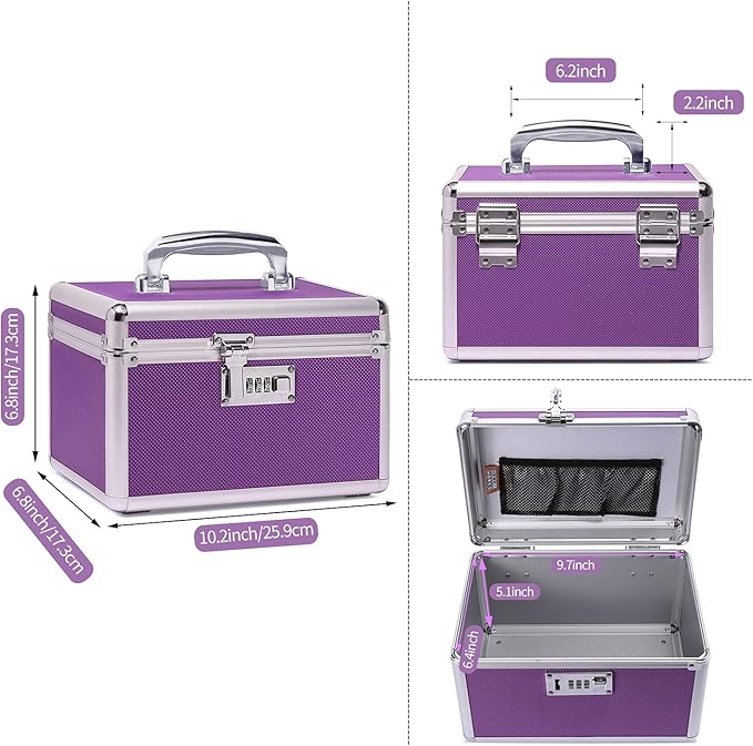 Locking Medicine Box with Portable Storage Case, 10.2''x 6.8''x 6.8'', Childproof Medication Lock Organizer, Lockable Box for Money, Documents & Meds (Purple/Small)