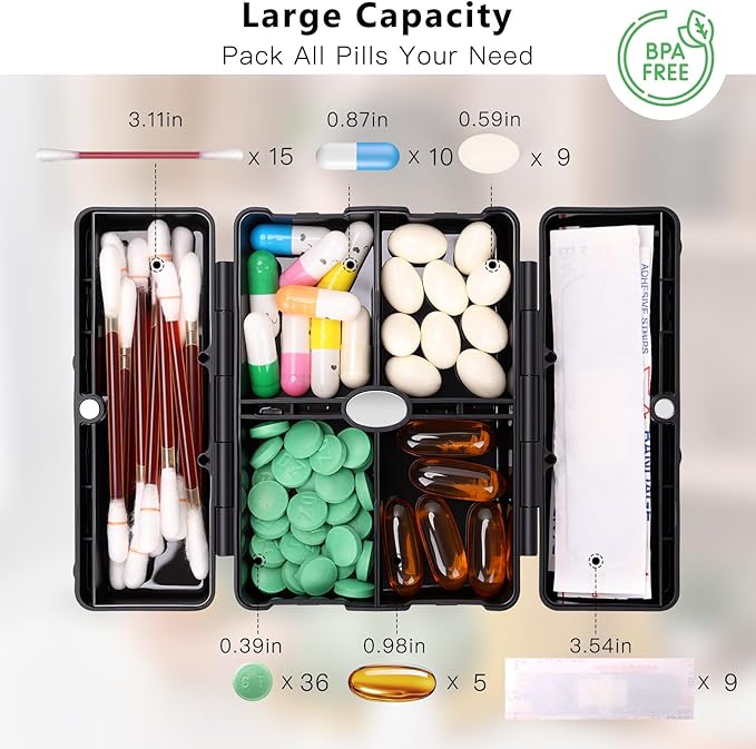 FYY Travel Pill Organizer with Blank Lables,6 Compartments Magnetic Pill Organizer Pill Box for Purse Pocket to Hold Vitamins,Cod Liver Oil,Supplements and Medication-Black