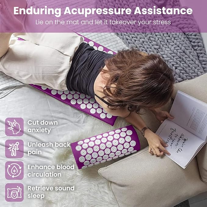 ROMIX Acupressure Mat and Pillow Set, Acupuncture Mat for Back Pain, Neck, Shoulder Pain Relief, Stress Reduction, Wellness Therapy, Cushioned Acupressure Mats with Carry Bag for Men and Women