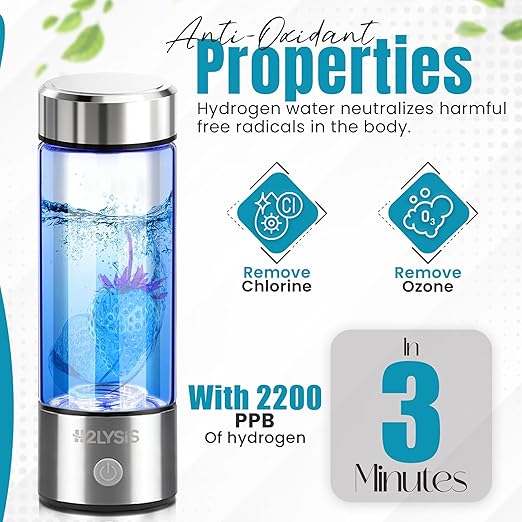Hydrogen Water Bottle Generator Rechargeable | Glass Hydrogen Water Maker Portable | Ionized Water Bottle with SPE PEM Technology | Hydrogenated Water Electrolyzer for Health