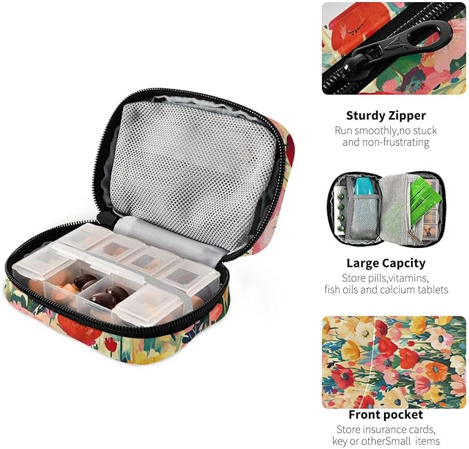 Colorful Poppy Festival01 Travel Pill Organizer Case Box Container Weekly Portable Vitamin Medicine Holder Storage Bag with Zipper Removable