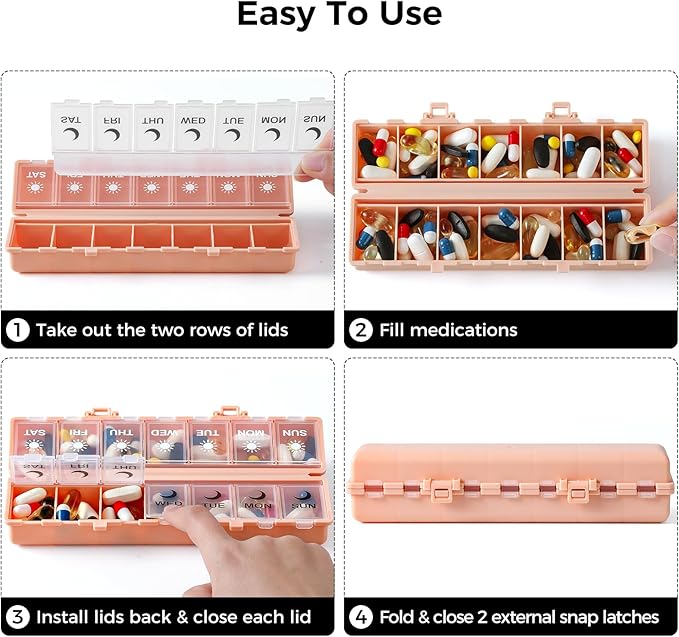Foldable Pill Organizer Weekly 2 Times a Day, 7 Day Portable AM PM Travel Pill Case with Black&White Labels, Dual-Protection Daily Medicine Box, Large Pill Container for Vitamin/Supplement-Pink