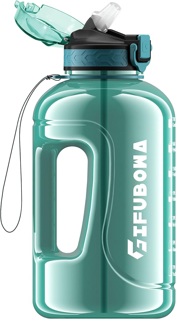 GIFUBOWA 64oz Sports Durable Water Bottle with Handle Leak Proof 2000ml Big Bottle with Straw and Time Marking Ideal for Gym, Running Outdoor or Indoor Activities Clear Cyan