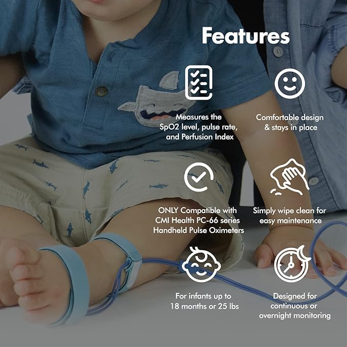 CMI Health SpO2 Sensor for Infants - Compatible ONLY with CMI Health Handheld Pulse Oximeters - Overnight Monitoring - Soft & Comfortable, Latex-Free Material