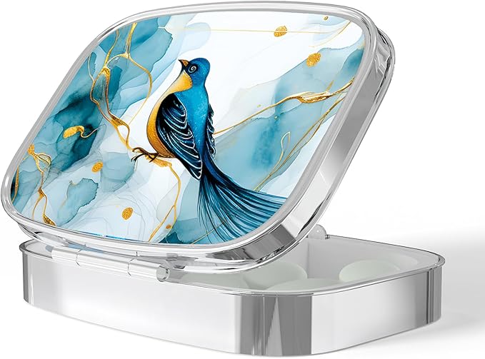 Pill Box-2 Compartment Small Pill Case Portable for Pocket & Purse Single Pill Carrier Pill Container to Hold Vitamins Medication Fish Oil and Supplements BPA-Free(Marbled Bird)