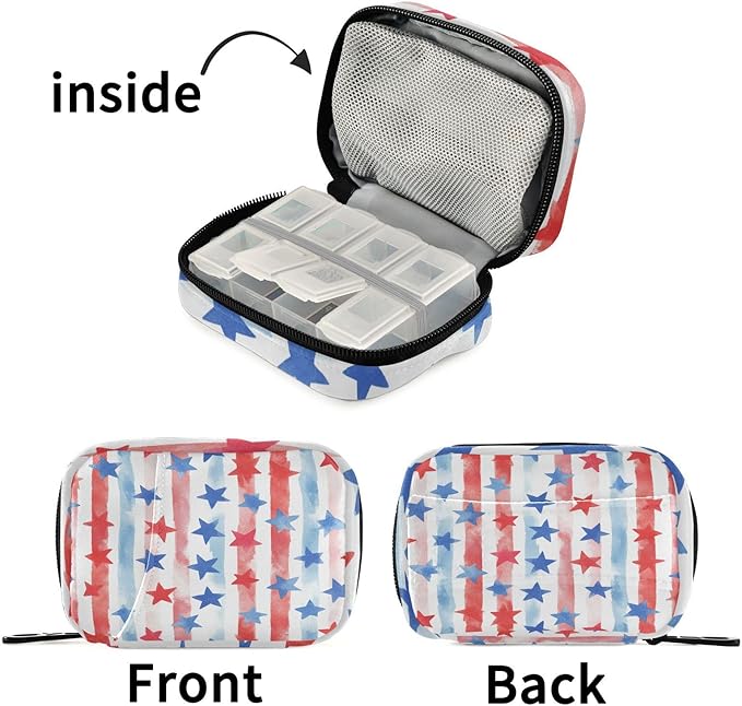 July 4th Stripes Stars White Travel Pill Organizer Case Box Container Weekly Portable Vitamin Medicine Holder Storage Bag with Zipper Removable