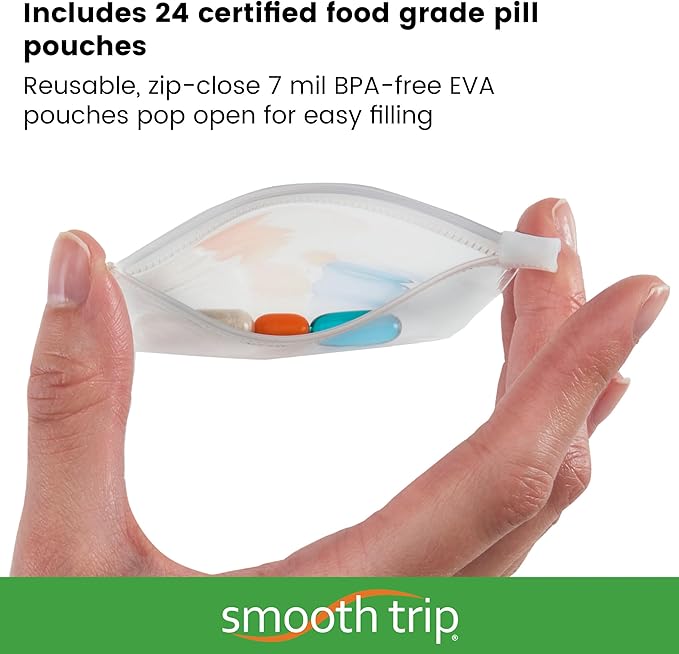 Smooth Trip Pill Bags for Travel - 24 Reusable Certified Food Grade Zip Top Pill Pouches for Medicine, Vitamins, Snacks and Accessories - Larger 3.25 x 3.5" Size