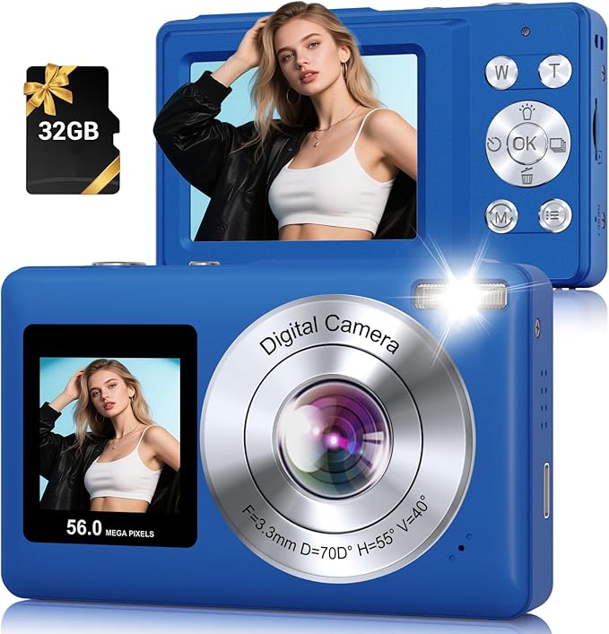 Digital Camera, 56MP 2.7K Dual-Screen Selfie Camera with 16X Zoom, 20 Filters & Anti-Shake, Portable Point and Shoot Digital Cameras with 32GB Card, Compact Travel Cameras for Beginners Teens Kids