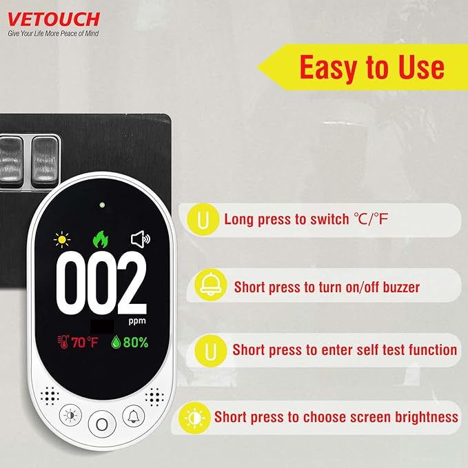 Plug-in Carbon Monoxide Detector with Digital Color Display CO Detector for CO, Temperature & Humidity, 85dB Loud Alert, Self Test Function vetouch CO Detector, for Home, Bedroom, Kitchen, RV